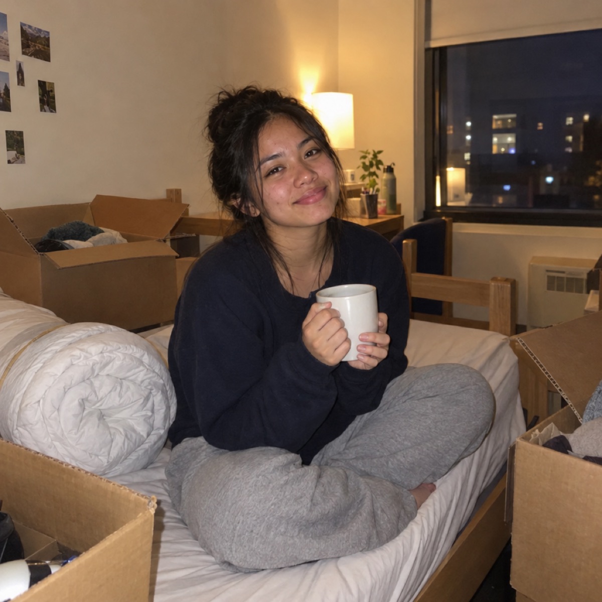 A student on her first night in a half-unpacked dorm room