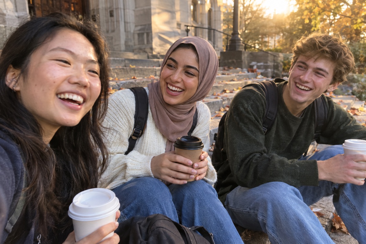 Three first-year students laughing on campus steps