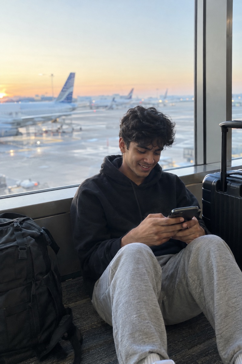 A student checking his phone at an airport gate